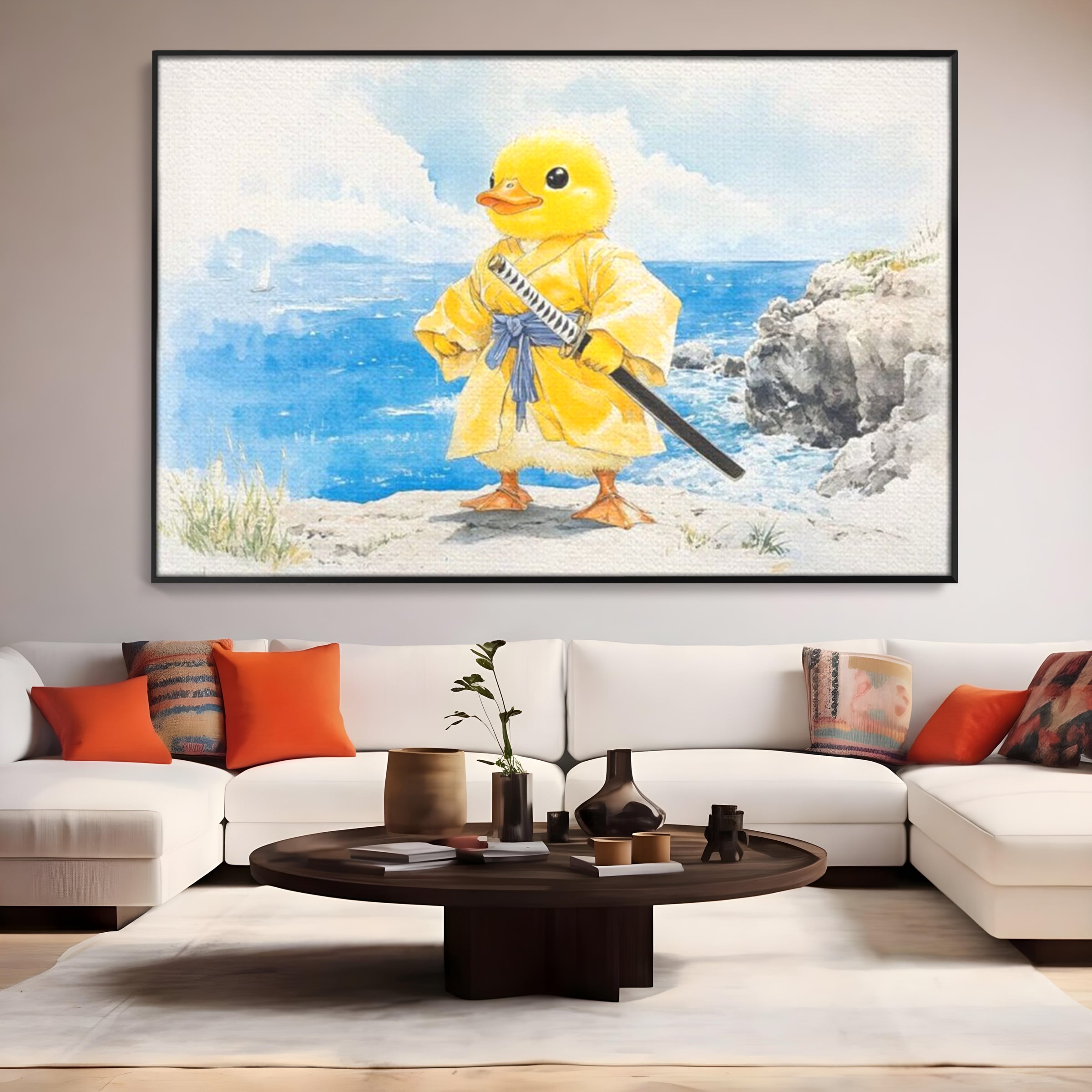 Tablou canvas cu rata samurai galben pe stanca, in rama de aluminiu negru, pe perete intr-un living